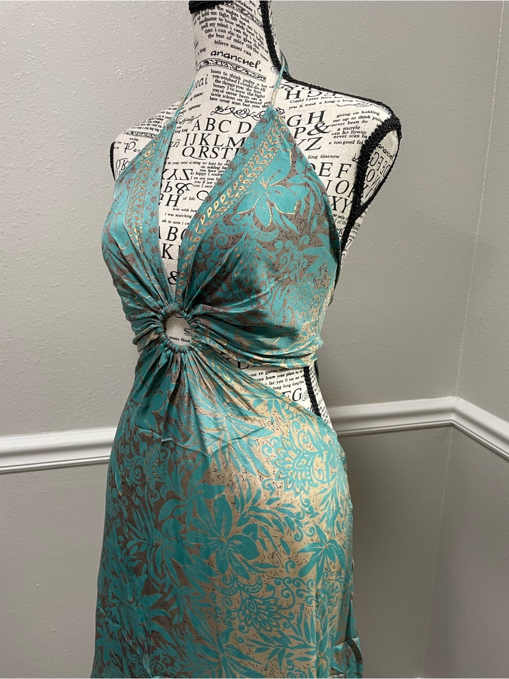Turquoise Floral Halter Ring-Front Maxi Dress